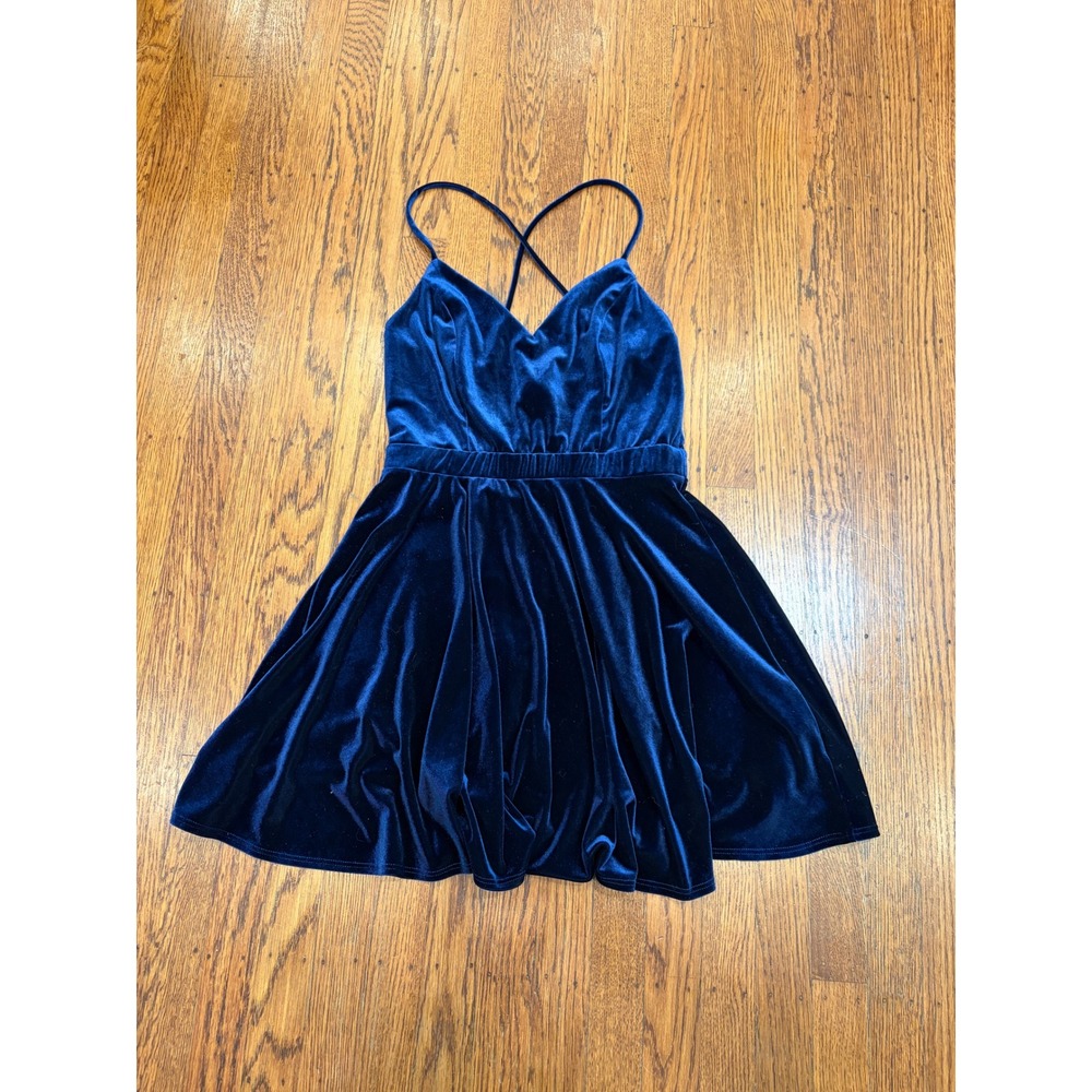 Urban Renewal y2K Navy Velvet Skater Dress M V-Neck Criss Cross Back whimsigoth